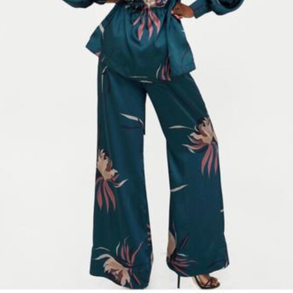 Zara Teal Green Topical Print Wide Leg Pants SIZE M - Picture 2 of 9